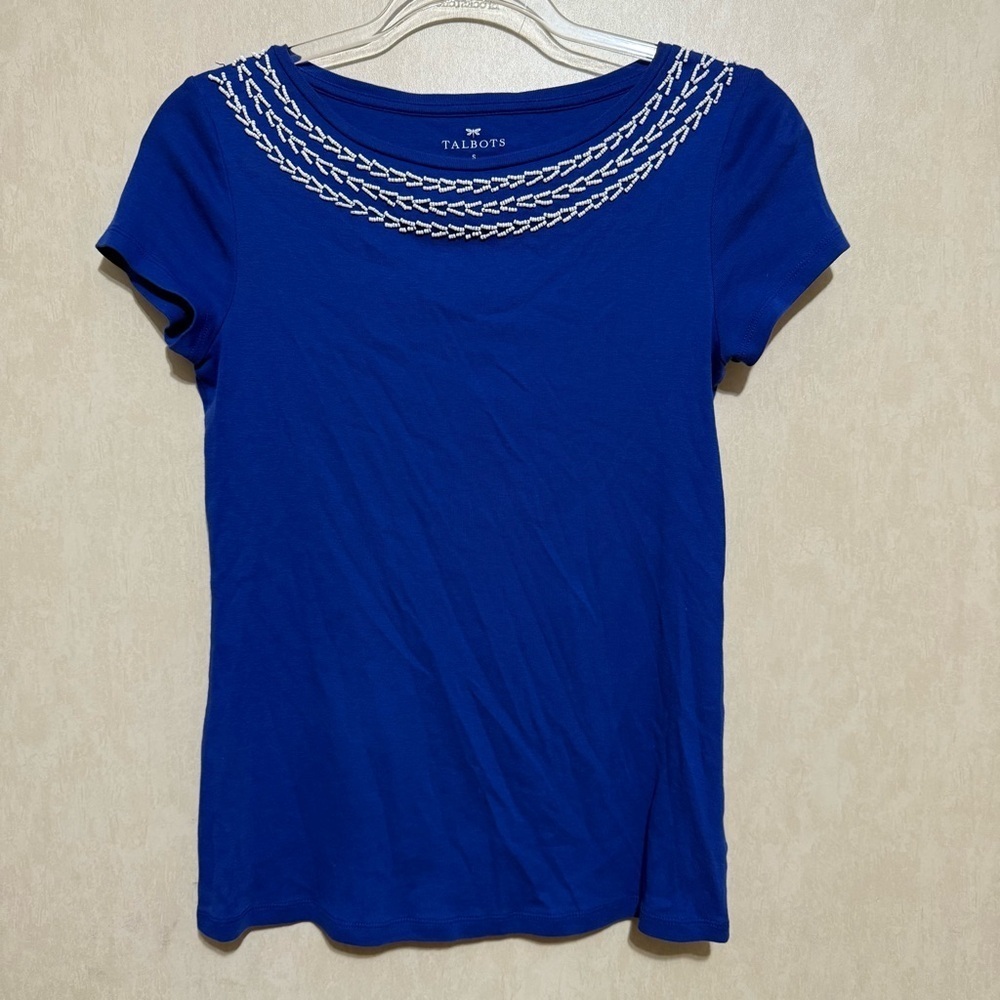 Talbots Blue White Beaded Scoop Neck Short Sleeve‎ Pima Cotton Shirt